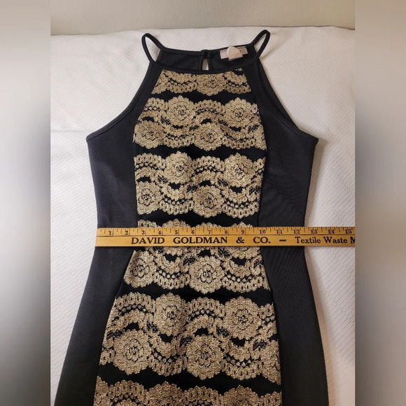 January 7 Black and Gold Bodycon Halter Midi Dress sz M - Picture 4 of 6